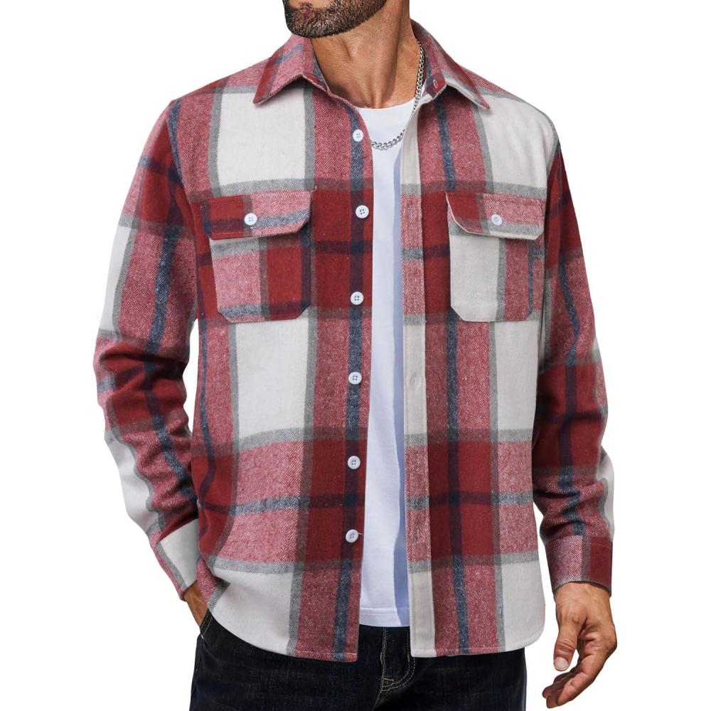 imageCOOFANDY Mens Flannel Shirts Long Sleeve Plaid Shirt Jacket Button Down Shirt with PocketsWine Red