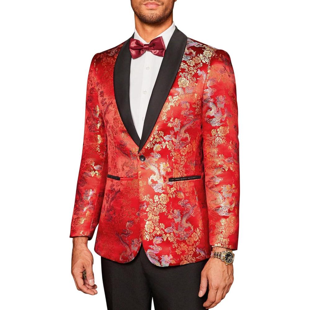 imageCOOFANDY Mens Floral Tuxedo Jacket Luxury Embroidered Stylish Suit Blazer Jacket for Wedding Party DinnerRed