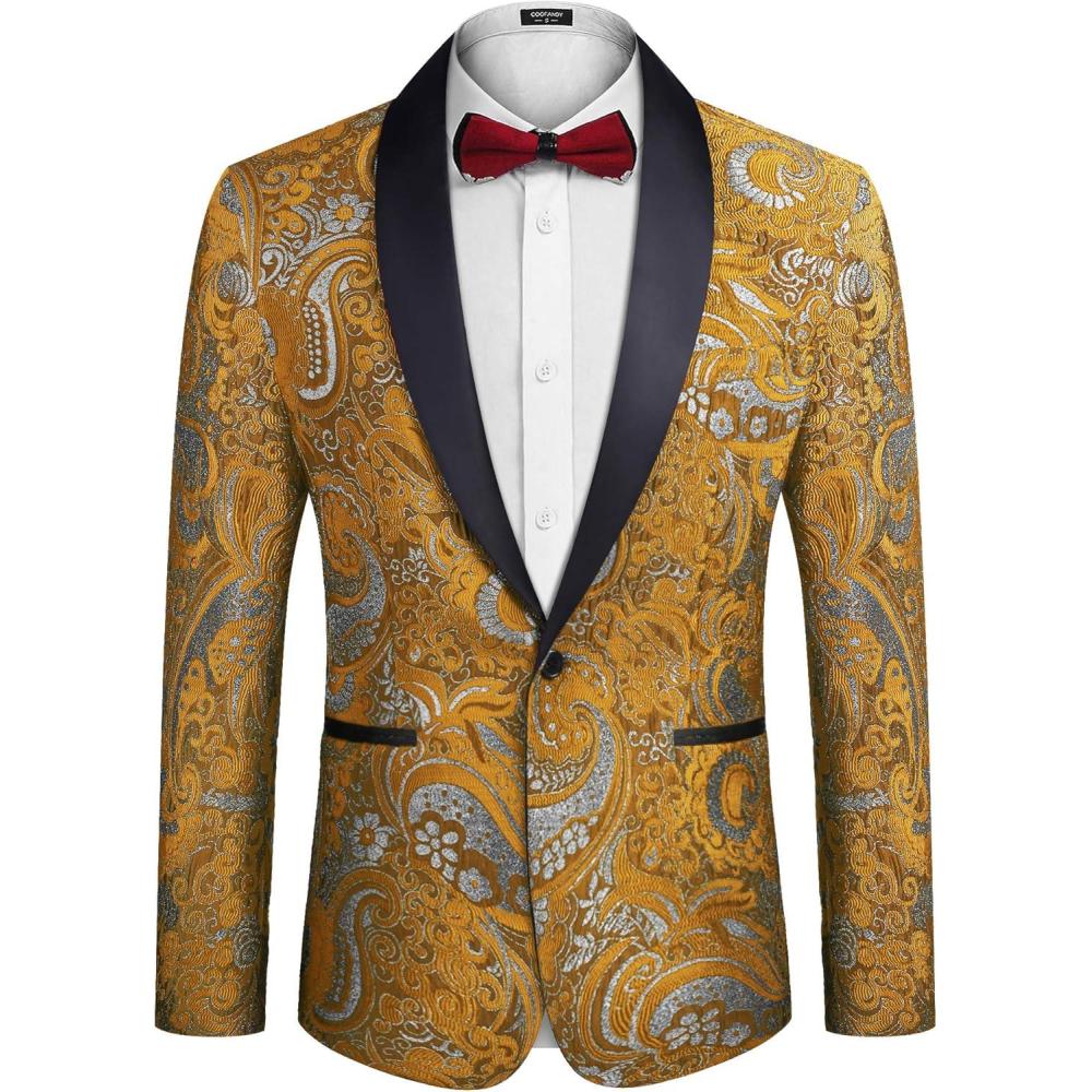 imageCOOFANDY Mens Floral Tuxedo Jacket Luxury Embroidered Wedding Blazer Dress Suit for Party DinnerGolden Yellow