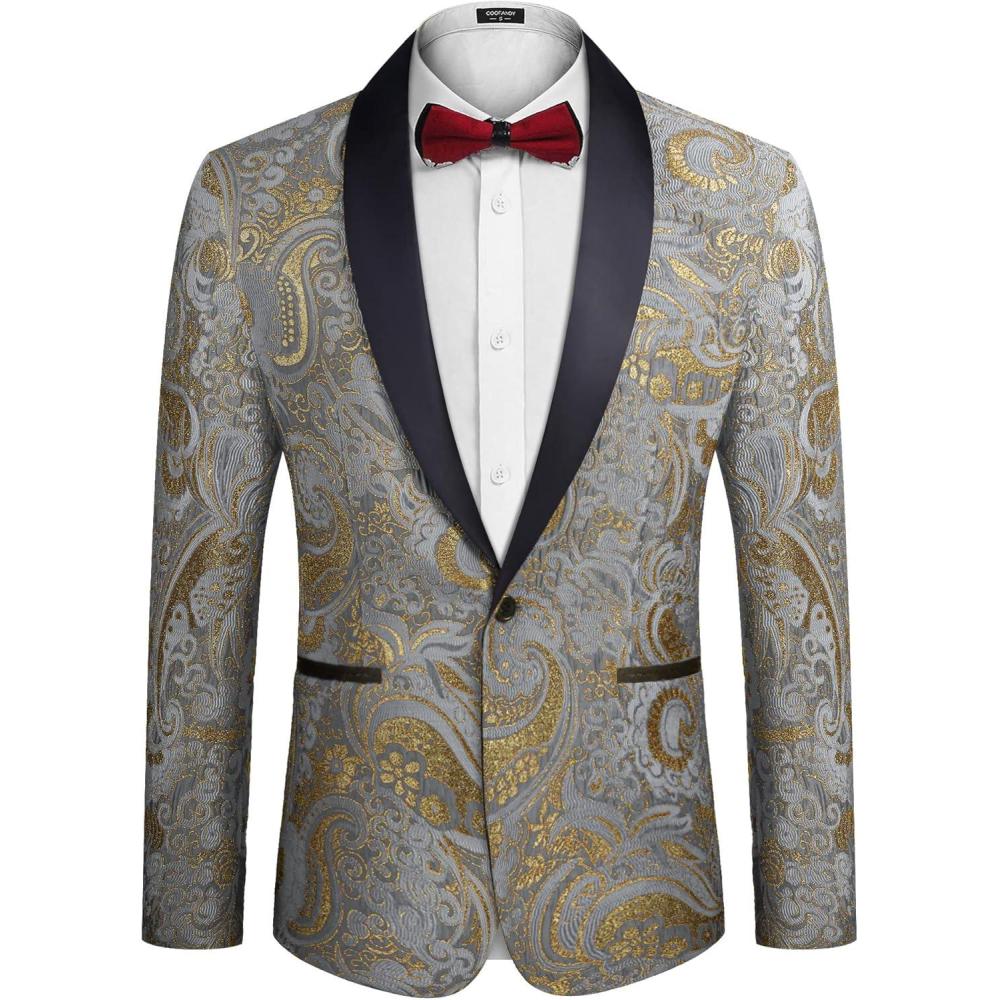 imageCOOFANDY Mens Floral Tuxedo Jacket Luxury Embroidered Wedding Blazer Dress Suit for Party DinnerGrey