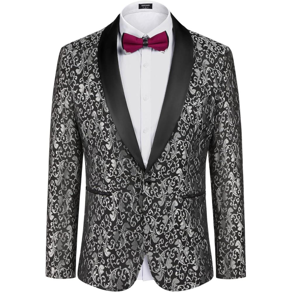 imageCOOFANDY Mens Floral Tuxedo Jacket Luxury Embroidered Wedding Blazer Dress Suit for Party DinnerGrey Black