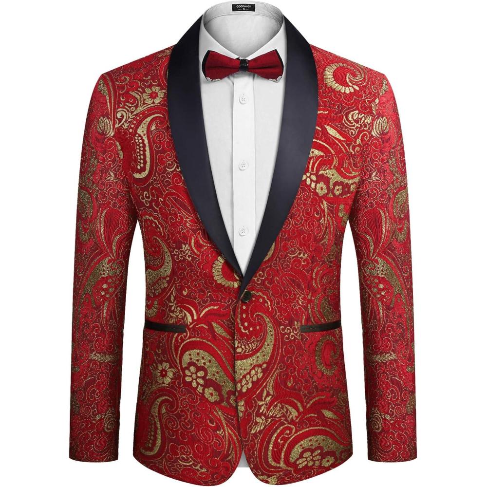 imageCOOFANDY Mens Floral Tuxedo Jacket Luxury Embroidered Wedding Blazer Dress Suit for Party DinnerRed