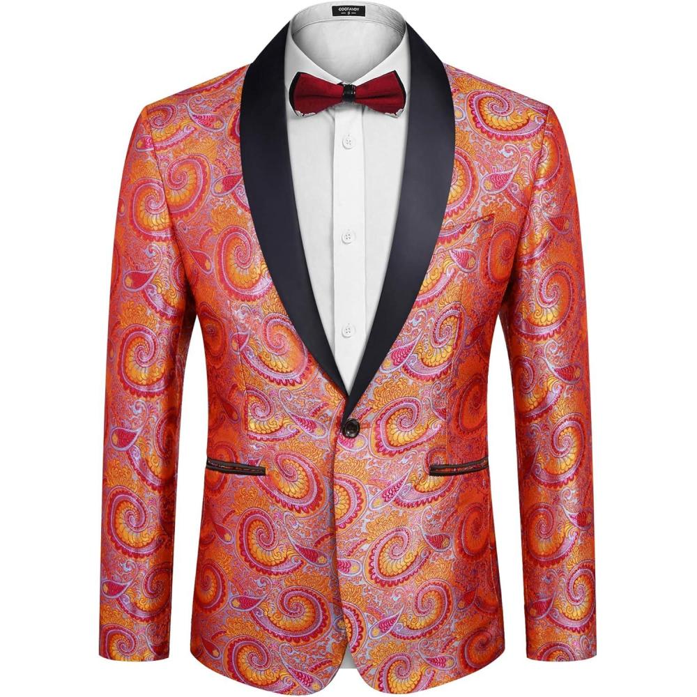 imageCOOFANDY Mens Floral Tuxedo Jacket Luxury Embroidered Wedding Blazer Dress Suit for Party DinnerRose Red