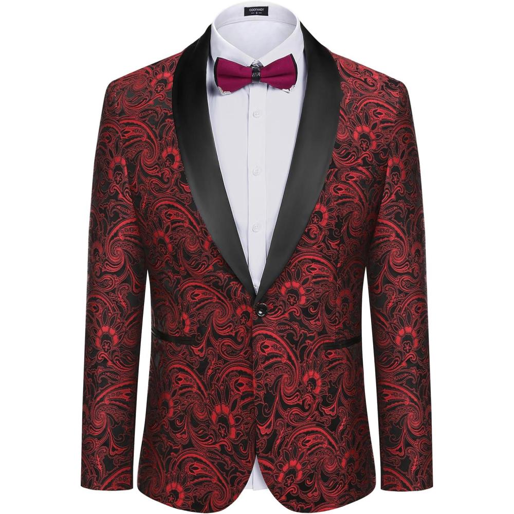 imageCOOFANDY Mens Floral Tuxedo Jacket Luxury Embroidered Wedding Blazer Dress Suit for Party DinnerWine Red