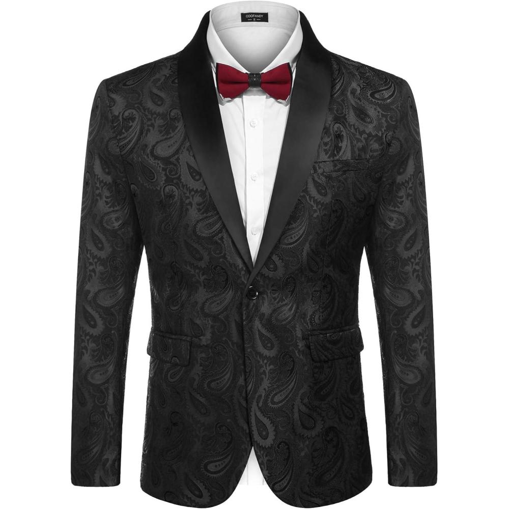 imageCOOFANDY Mens Floral Tuxedo Jacket Paisley Shawl Lapel Suit Blazer Jacket for DinnerPromWeddingBlack