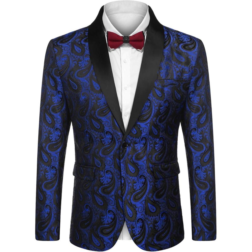 imageCOOFANDY Mens Floral Tuxedo Jacket Paisley Shawl Lapel Suit Blazer Jacket for DinnerPromWeddingBlue