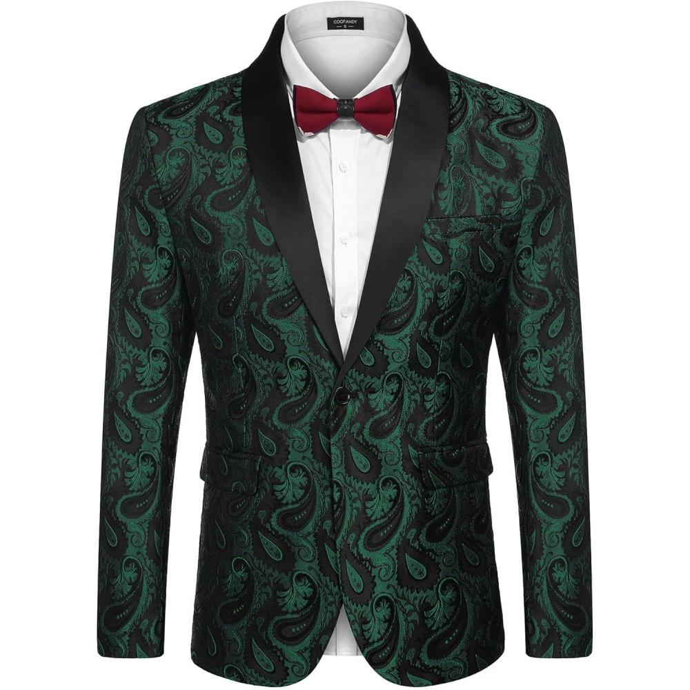 imageCOOFANDY Mens Floral Tuxedo Jacket Paisley Shawl Lapel Suit Blazer Jacket for DinnerPromWeddingChristmas Green