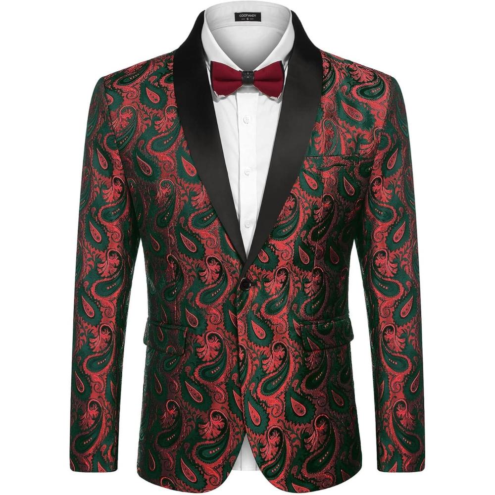 imageCOOFANDY Mens Floral Tuxedo Jacket Paisley Shawl Lapel Suit Blazer Jacket for DinnerPromWeddingChristmas Red Green