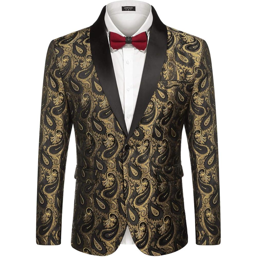 imageCOOFANDY Mens Floral Tuxedo Jacket Paisley Shawl Lapel Suit Blazer Jacket for DinnerPromWeddingGolden