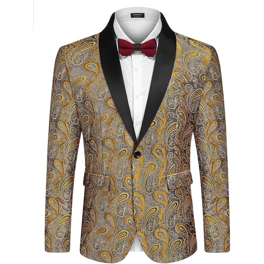 imageCOOFANDY Mens Floral Tuxedo Jacket Paisley Shawl Lapel Suit Blazer Jacket for DinnerPromWeddingGolden Yellow