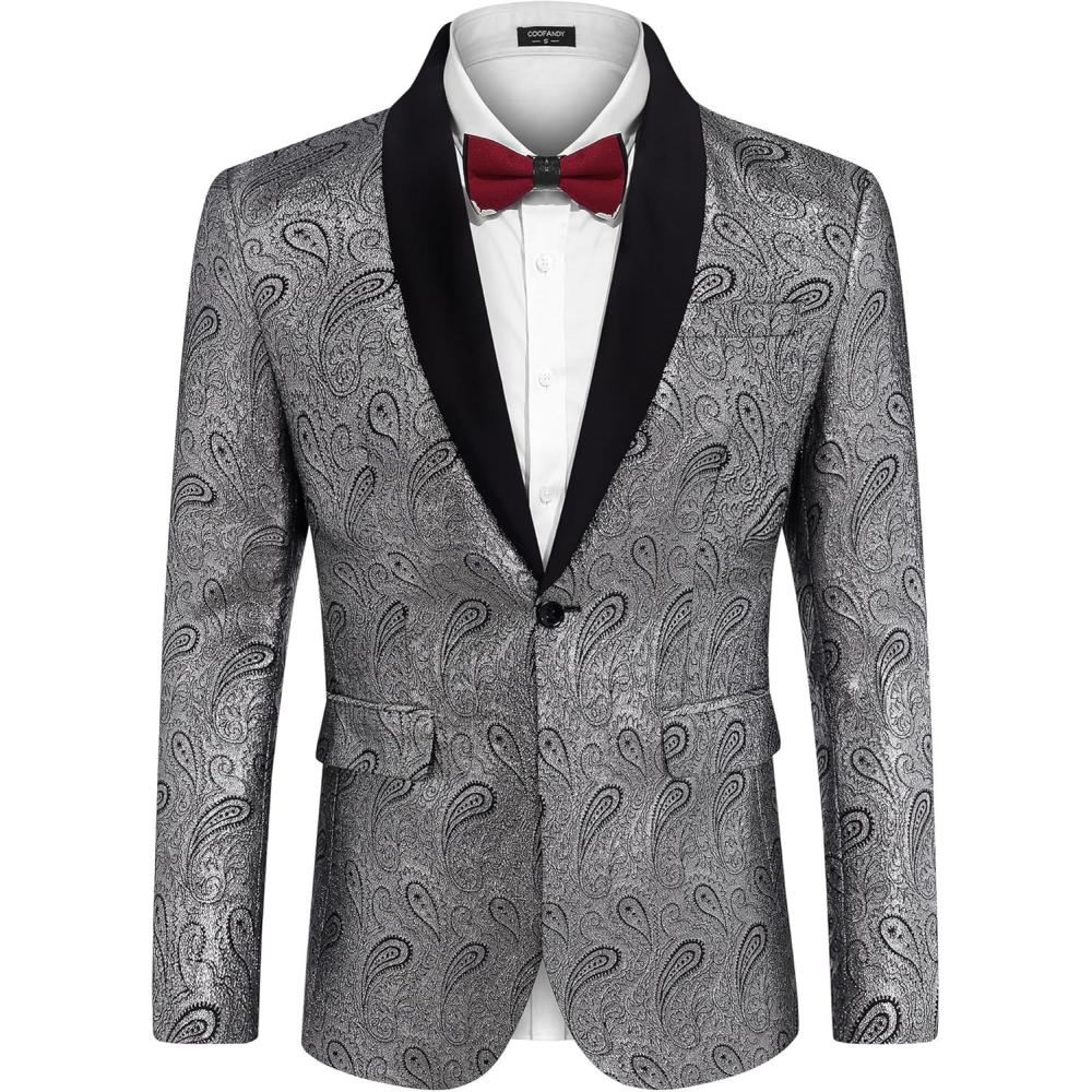 imageCOOFANDY Mens Floral Tuxedo Jacket Paisley Shawl Lapel Suit Blazer Jacket for DinnerPromWeddingSilver