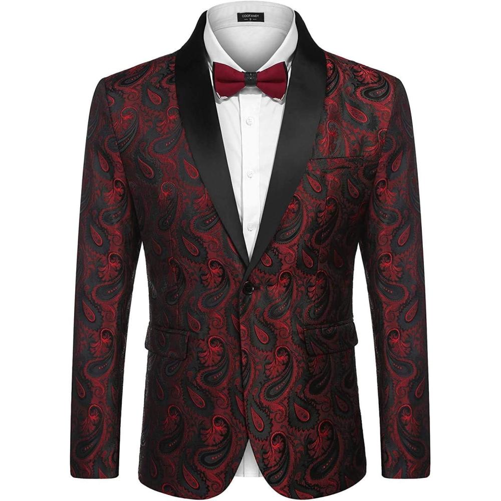 imageCOOFANDY Mens Floral Tuxedo Jacket Paisley Shawl Lapel Suit Blazer Jacket for DinnerPromWeddingWine Red