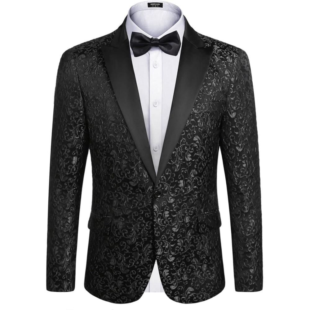 imageCOOFANDY Mens Floral Tuxedo One Button Luxury Shiny Blazer Dinner Party Prom Wedding Suit Jacket1  Black