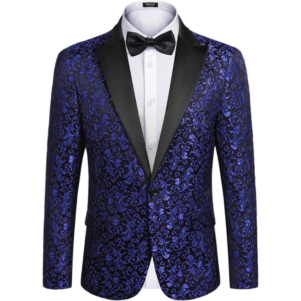 imageCOOFANDY Mens Floral Tuxedo One Button Luxury Shiny Blazer Dinner Party Prom Wedding Suit Jacket1  Blue