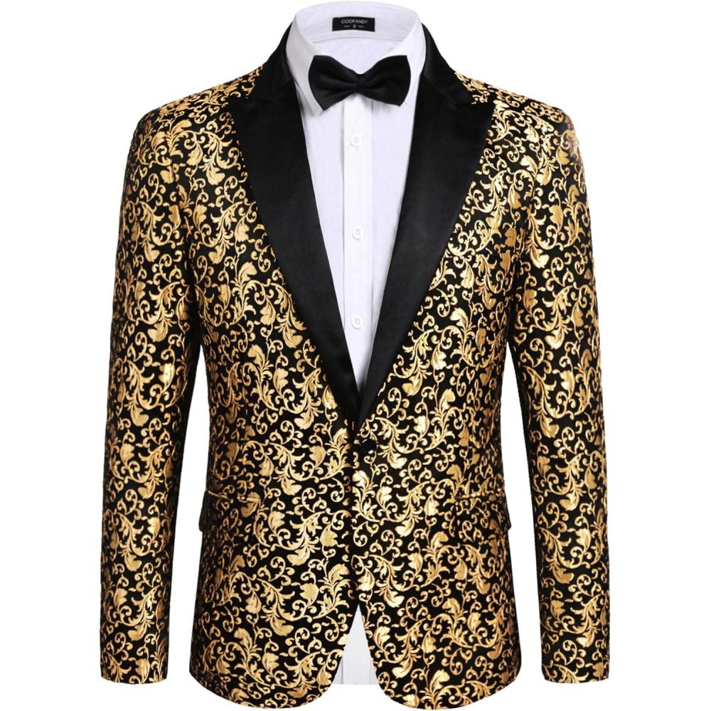 imageCOOFANDY Mens Floral Tuxedo One Button Luxury Shiny Blazer Dinner Party Prom Wedding Suit Jacket1  Golden Yellow