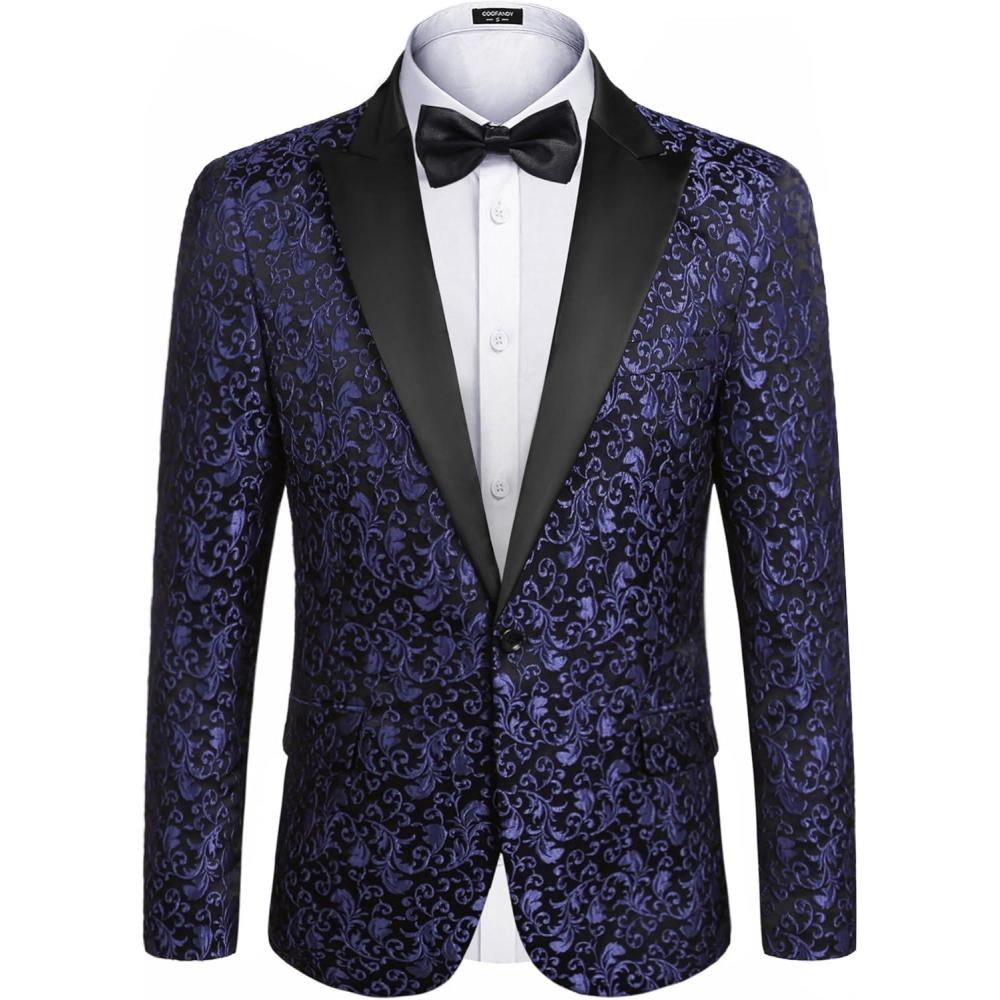imageCOOFANDY Mens Floral Tuxedo One Button Luxury Shiny Blazer Dinner Party Prom Wedding Suit Jacket1  Navy Blue