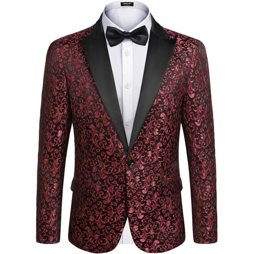 imageCOOFANDY Mens Floral Tuxedo One Button Luxury Shiny Blazer Dinner Party Prom Wedding Suit Jacket1  Red