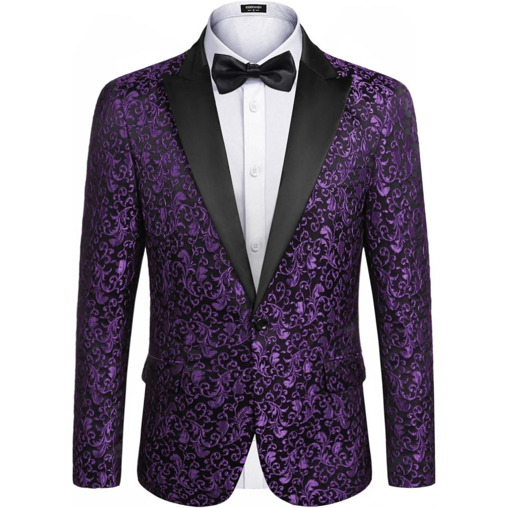 imageCOOFANDY Mens Floral Tuxedo One Button Luxury Shiny Blazer Dinner Party Prom Wedding Suit Jacket1 Purple