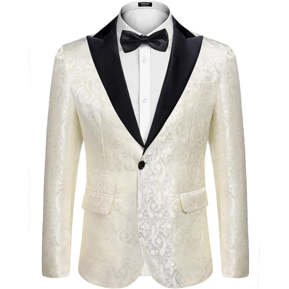 imageCOOFANDY Mens Floral Tuxedo One Button Luxury Shiny Blazer Dinner Party Prom Wedding Suit Jacket6 White