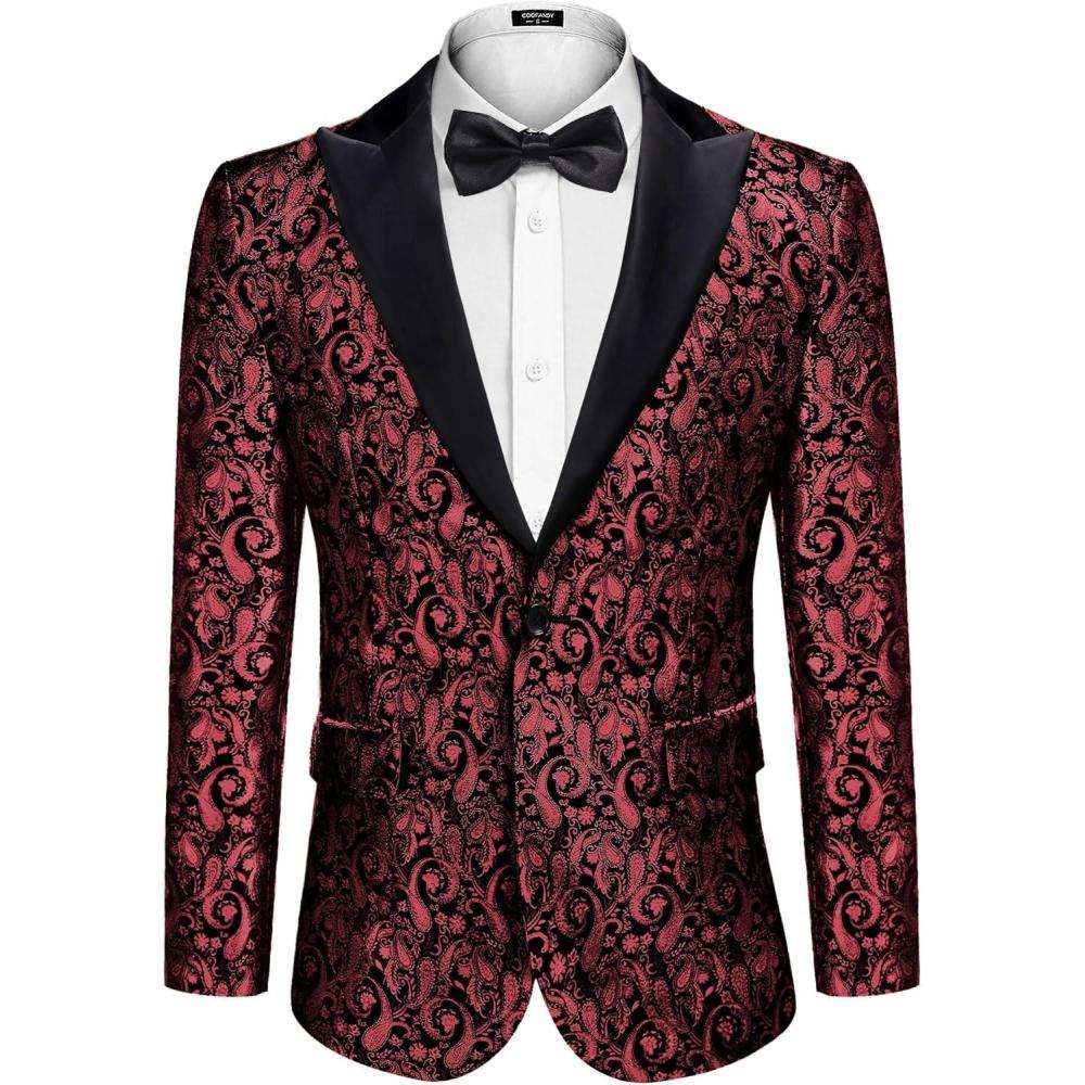 imageCOOFANDY Mens Floral Tuxedo One Button Luxury Shiny Blazer Dinner Party Prom Wedding Suit Jacket6 Wine Red