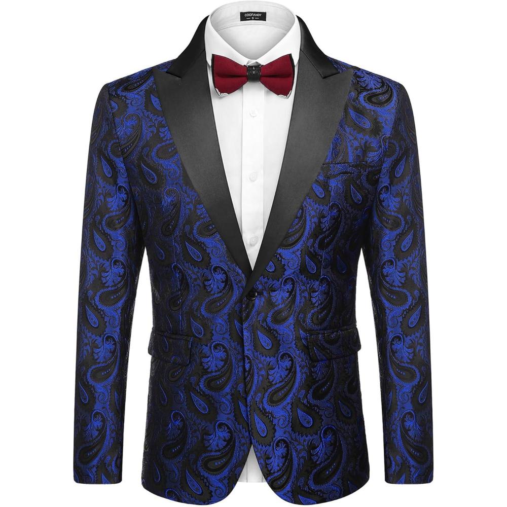 imageCOOFANDY Mens Floral Tuxedo One Button Luxury Shiny Blazer Dinner Party Prom Wedding Suit JacketBlue Paisley