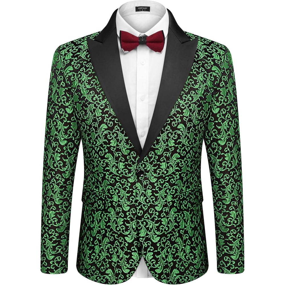imageCOOFANDY Mens Floral Tuxedo One Button Luxury Shiny Blazer Dinner Party Prom Wedding Suit JacketGreen Floral