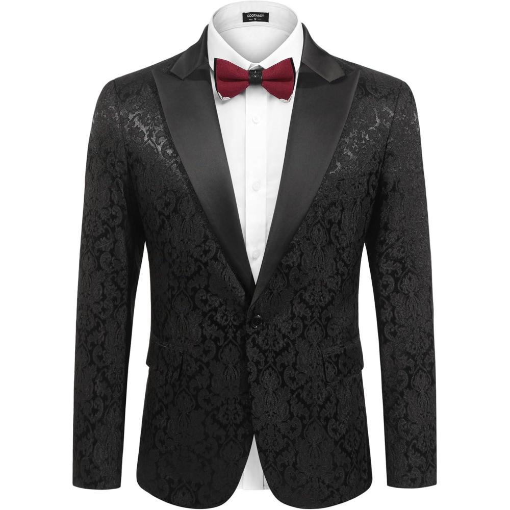 imageCOOFANDY Mens Floral Tuxedo One Button Luxury Shiny Blazer Dinner Party Prom Wedding Suit JacketPattern 3black
