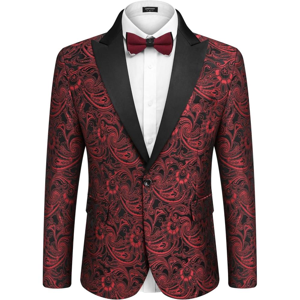 imageCOOFANDY Mens Floral Tuxedo One Button Luxury Shiny Blazer Dinner Party Prom Wedding Suit JacketRed Floral