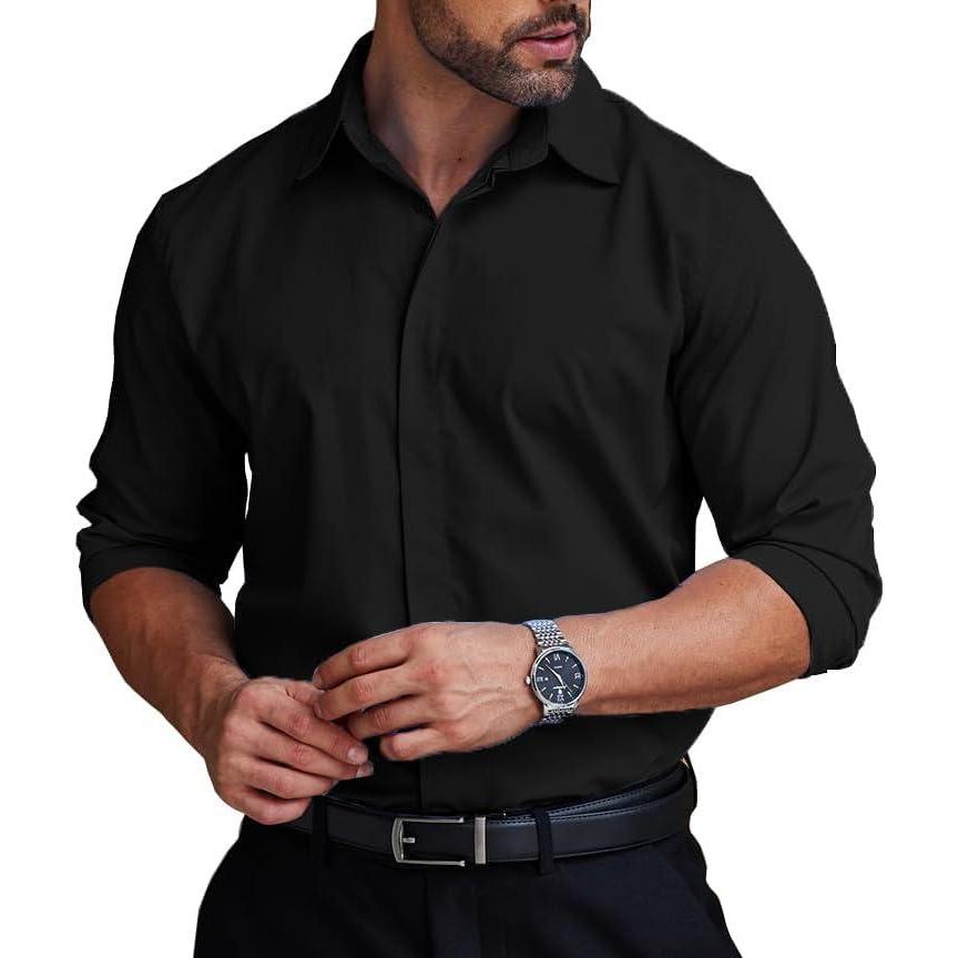 imageCOOFANDY Mens Formal Dress Shirt Hidden Button Front Wrinkle Free Shirt Regular Fit Stretch Business Casual ShirtsBlack