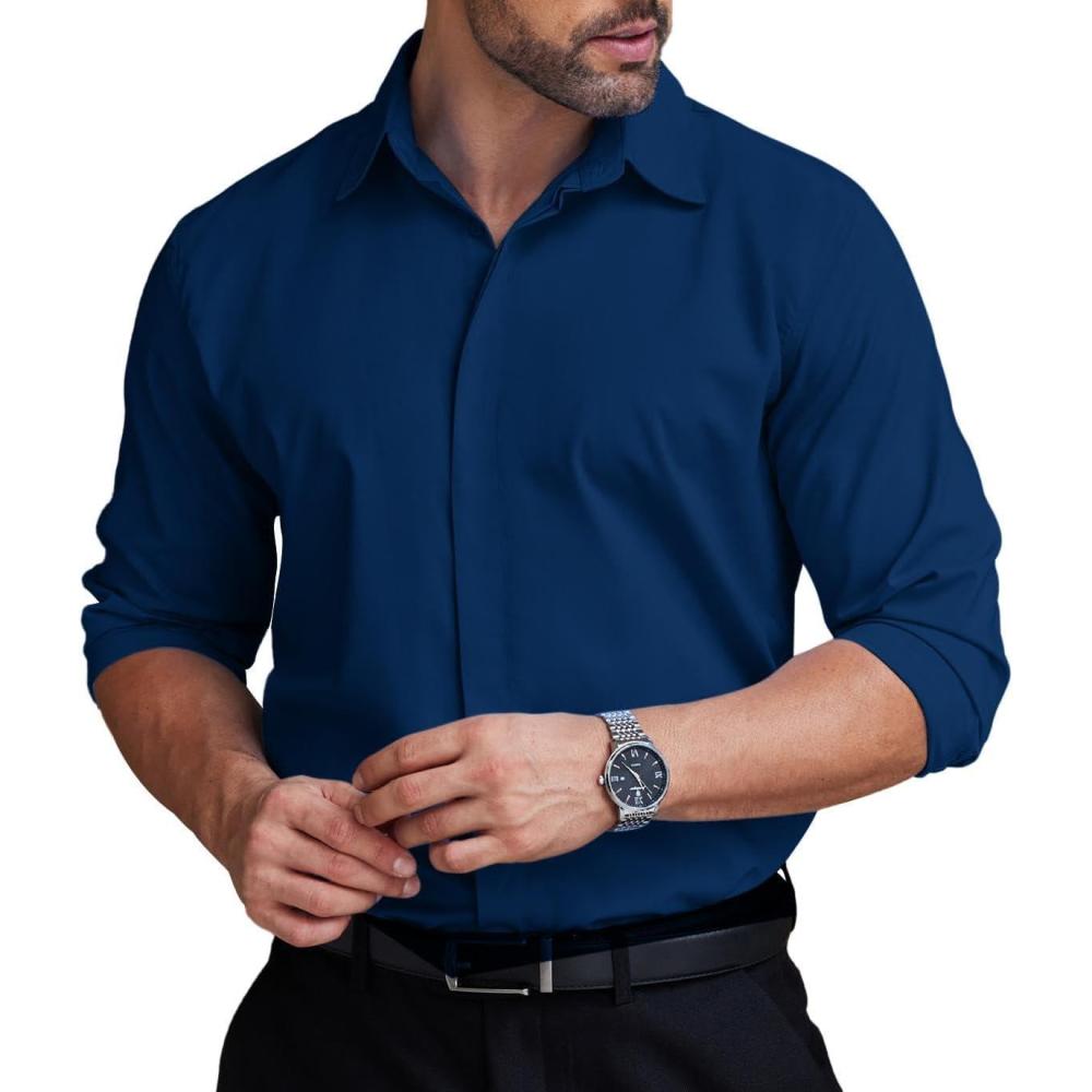 imageCOOFANDY Mens Formal Dress Shirt Hidden Button Front Wrinkle Free Shirt Regular Fit Stretch Business Casual ShirtsDark Blue