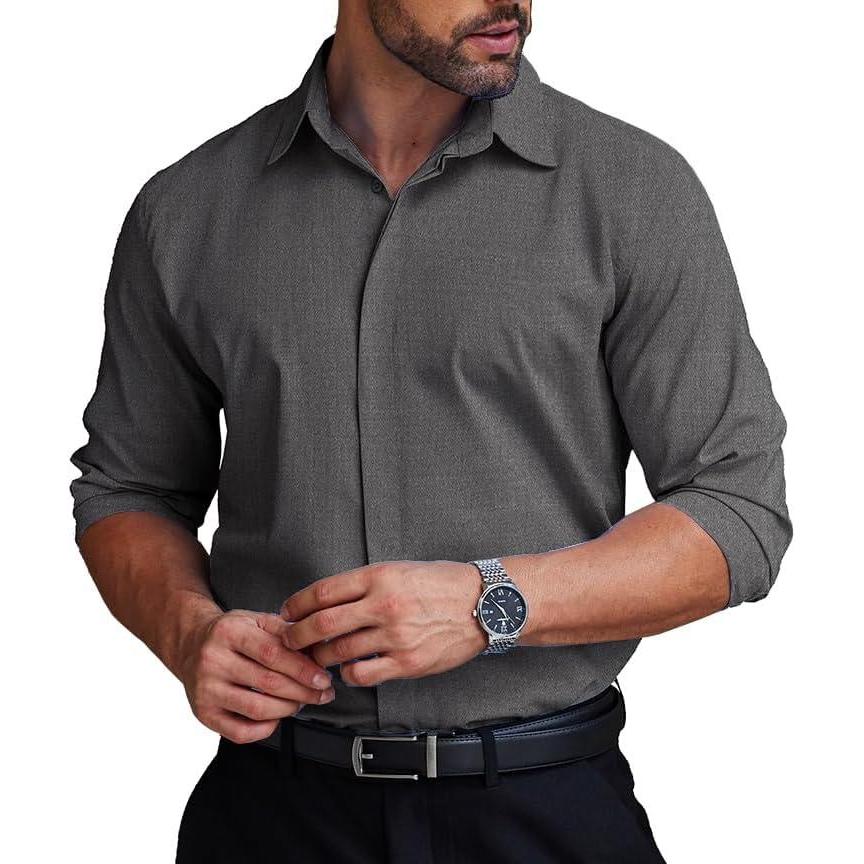 imageCOOFANDY Mens Formal Dress Shirt Hidden Button Front Wrinkle Free Shirt Regular Fit Stretch Business Casual ShirtsDark Grey