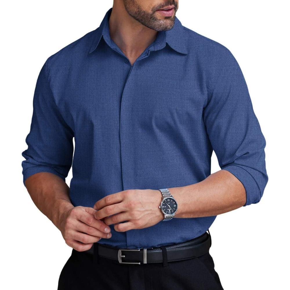 imageCOOFANDY Mens Formal Dress Shirt Hidden Button Front Wrinkle Free Shirt Regular Fit Stretch Business Casual ShirtsDeep Blue