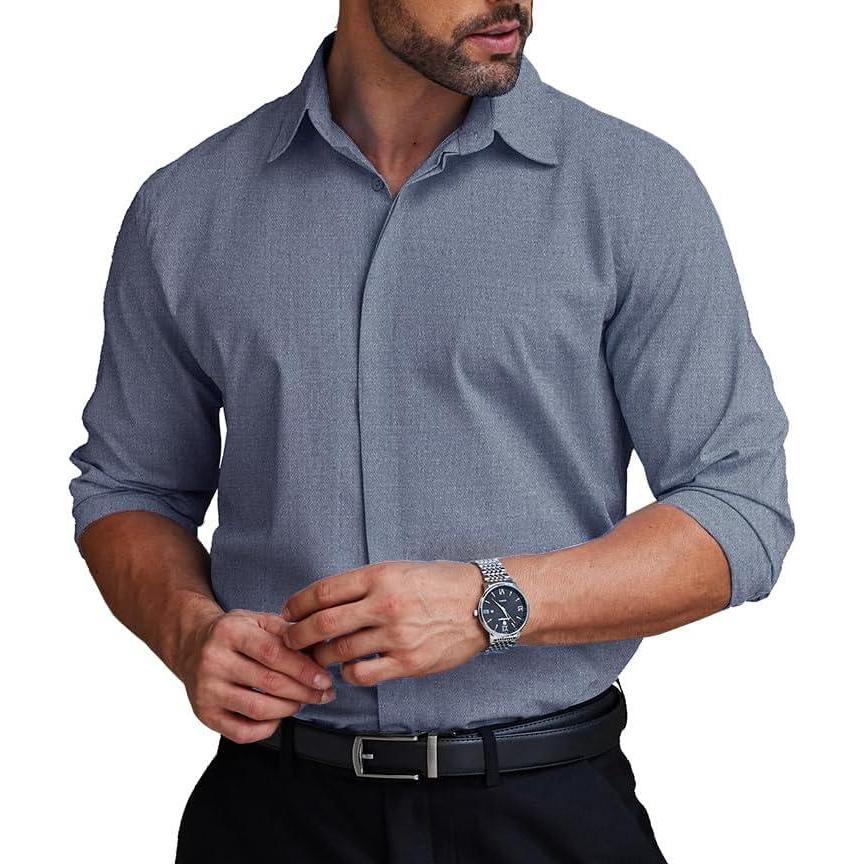 imageCOOFANDY Mens Formal Dress Shirt Hidden Button Front Wrinkle Free Shirt Regular Fit Stretch Business Casual ShirtsGrey Blue