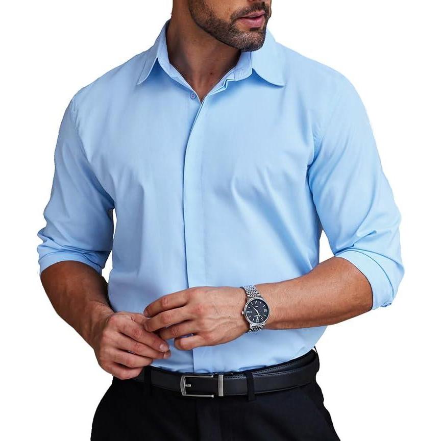imageCOOFANDY Mens Formal Dress Shirt Hidden Button Front Wrinkle Free Shirt Regular Fit Stretch Business Casual ShirtsLight Blue