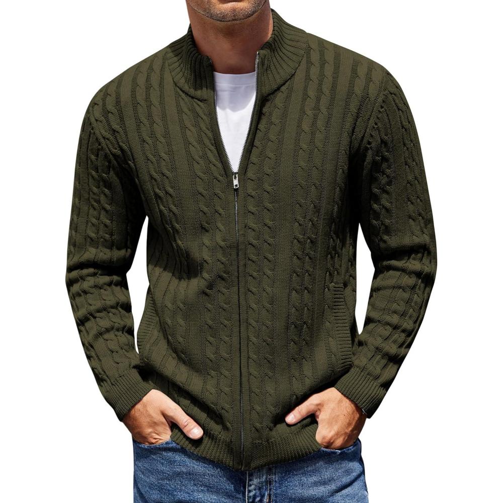 imageCOOFANDY Mens Full Zip Cardigan Sweater Slim Fit Cable Knitted Zip Up Sweater with PocketsArmy Green