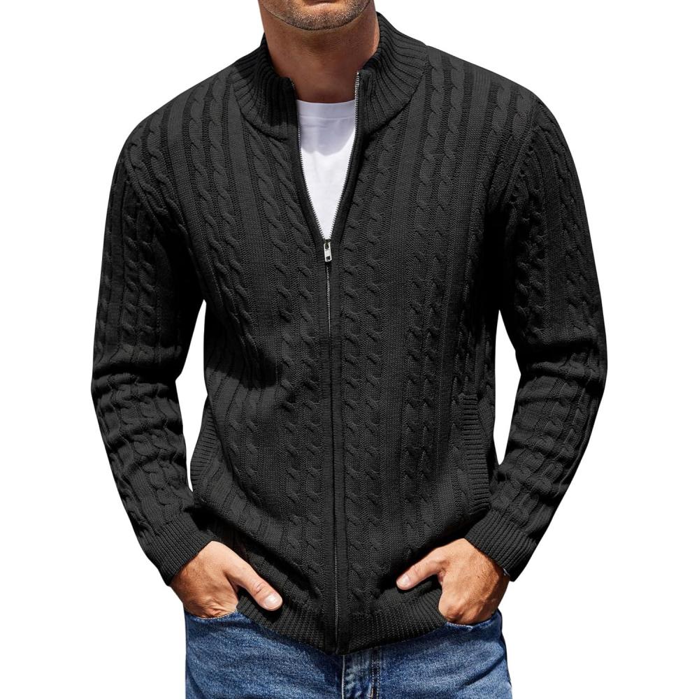 imageCOOFANDY Mens Full Zip Cardigan Sweater Slim Fit Cable Knitted Zip Up Sweater with PocketsBlack
