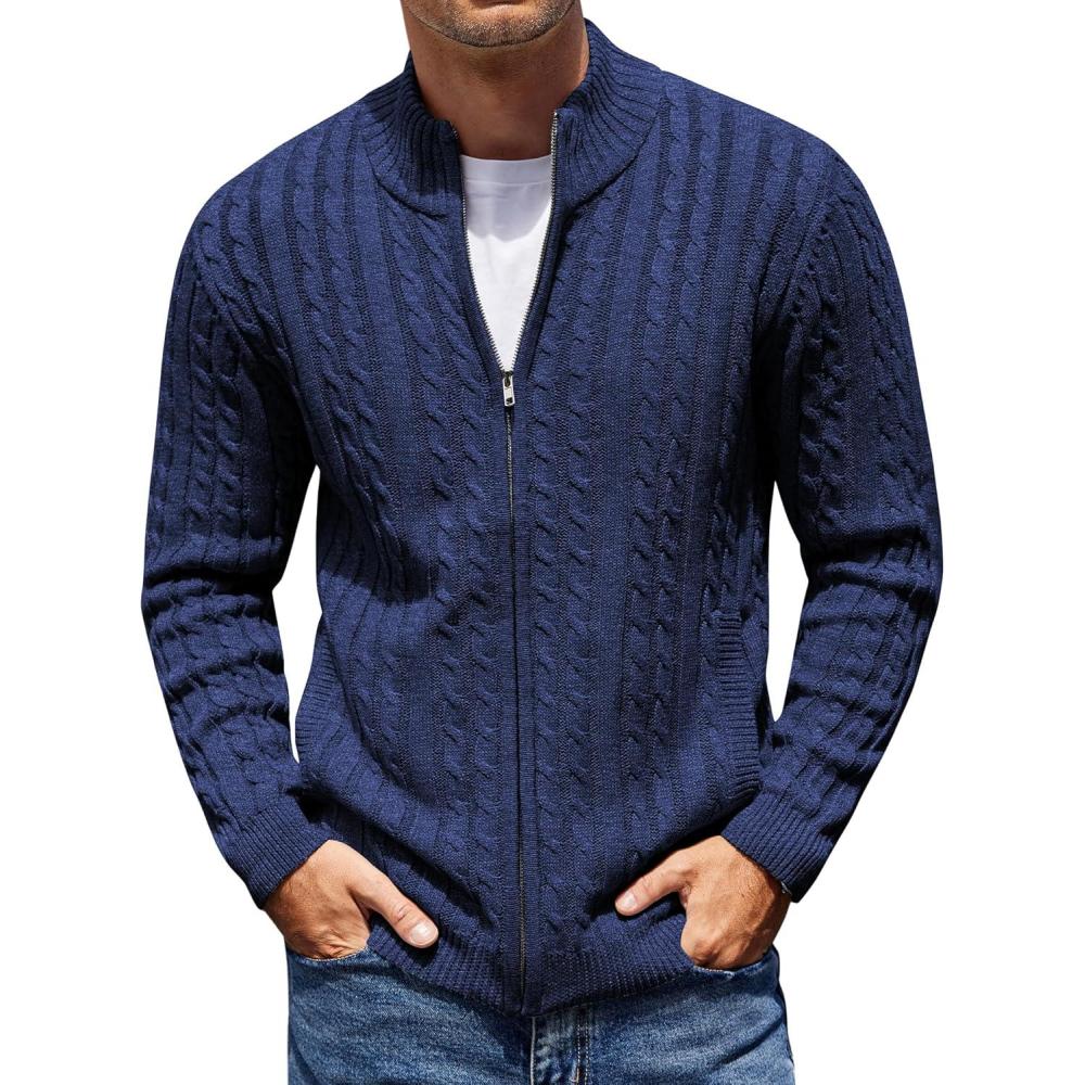 imageCOOFANDY Mens Full Zip Cardigan Sweater Slim Fit Cable Knitted Zip Up Sweater with PocketsBlue