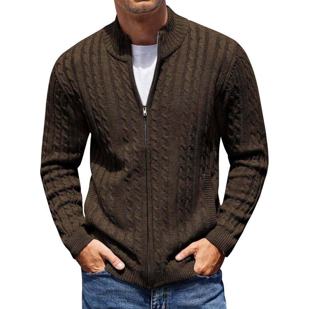 imageCOOFANDY Mens Full Zip Cardigan Sweater Slim Fit Cable Knitted Zip Up Sweater with PocketsBrown
