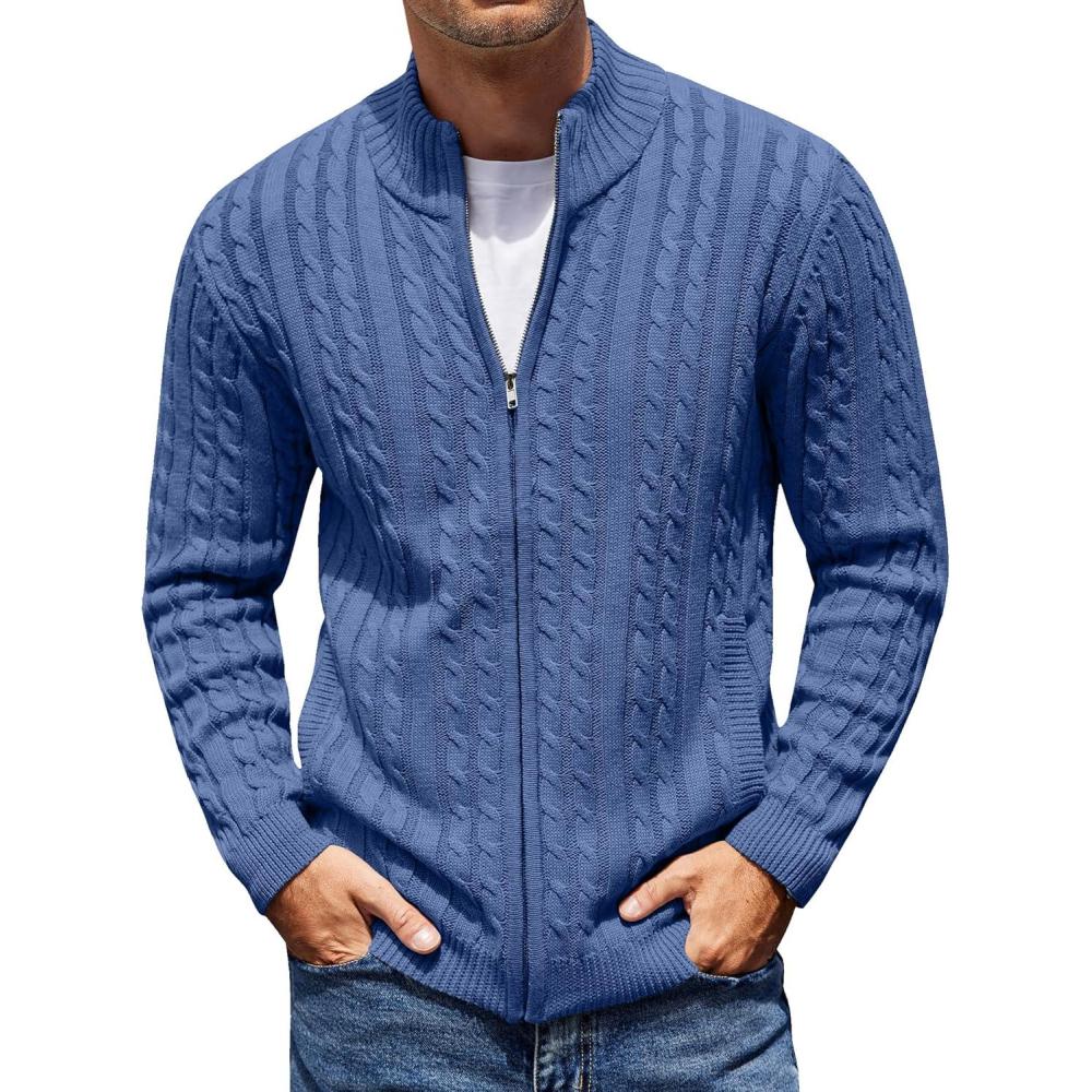 imageCOOFANDY Mens Full Zip Cardigan Sweater Slim Fit Cable Knitted Zip Up Sweater with PocketsDeep Blue