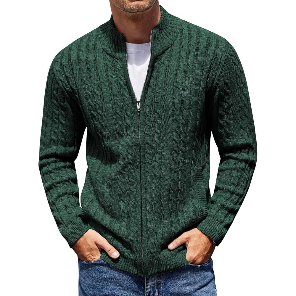 imageCOOFANDY Mens Full Zip Cardigan Sweater Slim Fit Cable Knitted Zip Up Sweater with PocketsGreen