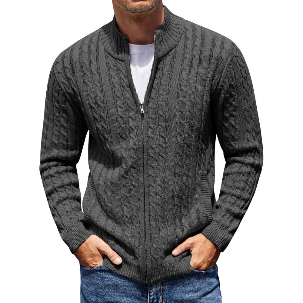 imageCOOFANDY Mens Full Zip Cardigan Sweater Slim Fit Cable Knitted Zip Up Sweater with PocketsGrey