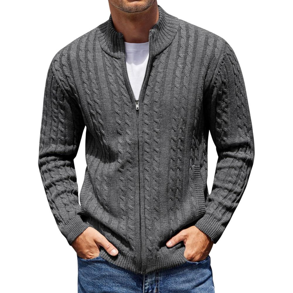 imageCOOFANDY Mens Full Zip Cardigan Sweater Slim Fit Cable Knitted Zip Up Sweater with PocketsHeathered Black