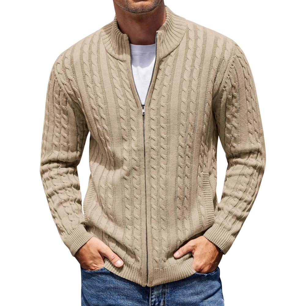 imageCOOFANDY Mens Full Zip Cardigan Sweater Slim Fit Cable Knitted Zip Up Sweater with PocketsKhaki