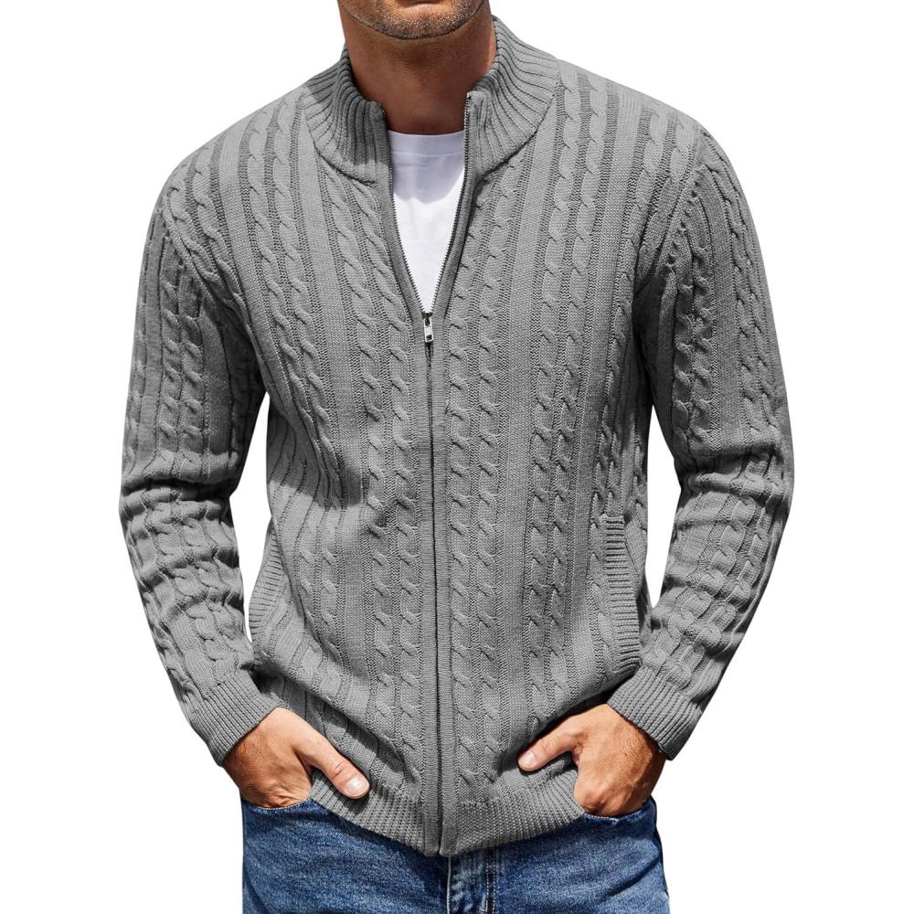 imageCOOFANDY Mens Full Zip Cardigan Sweater Slim Fit Cable Knitted Zip Up Sweater with PocketsLight Grey