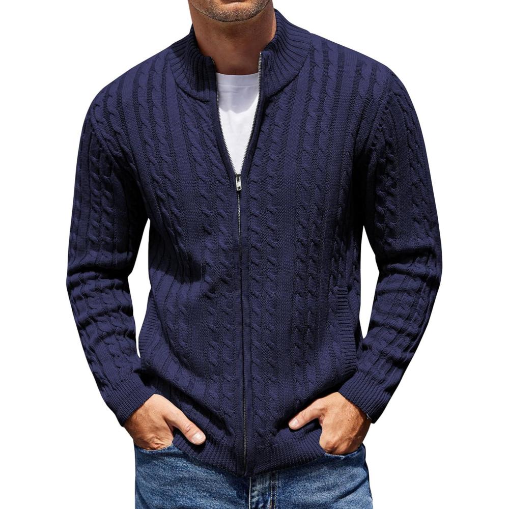 imageCOOFANDY Mens Full Zip Cardigan Sweater Slim Fit Cable Knitted Zip Up Sweater with PocketsNavy Blue