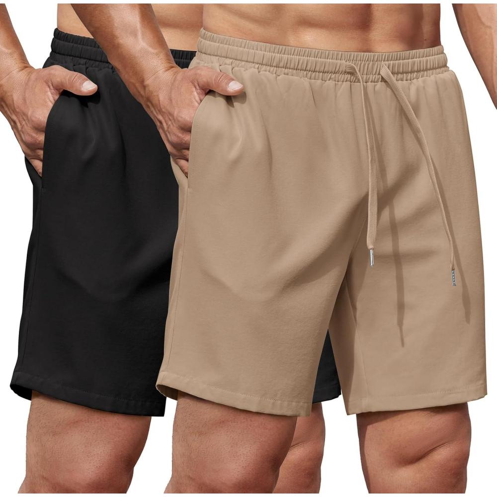 imageCOOFANDY Mens Gym Workout Shorts 8 Inch Quick Dry Athletic Shorts Lightweight Drawstring Running ShortsBlack  Khaki