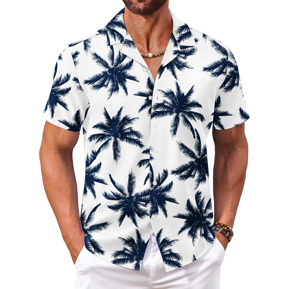 imageCOOFANDY Mens Hawaiian Shirt Short Sleeve Button Down Shirts Tropical Floral Summer Beach ShirtsA Coconut Treewhite