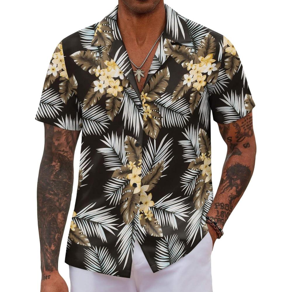 imageCOOFANDY Mens Hawaiian Shirt Short Sleeve Button Down Shirts Tropical Floral Summer Beach ShirtsBlack Khaki Leaf
