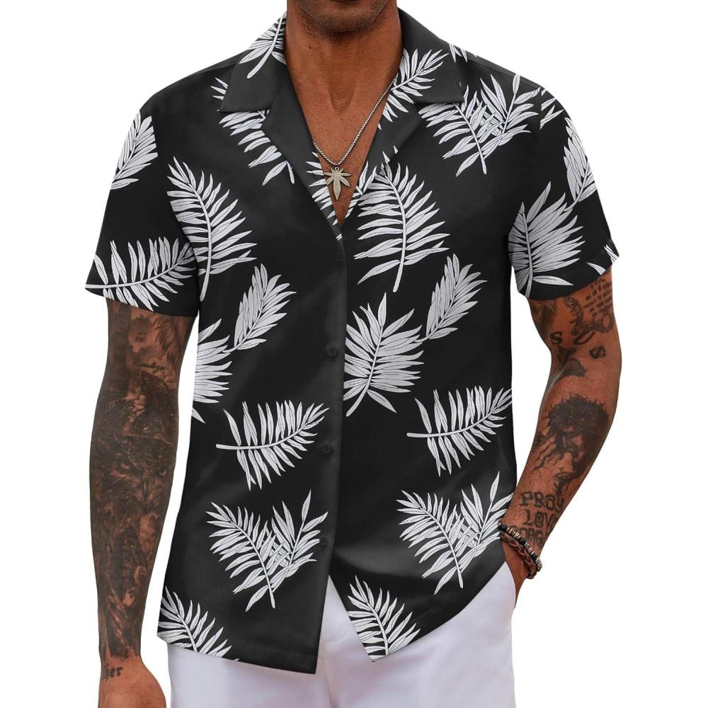 imageCOOFANDY Mens Hawaiian Shirt Short Sleeve Button Down Shirts Tropical Floral Summer Beach ShirtsBlack Palm Leaf