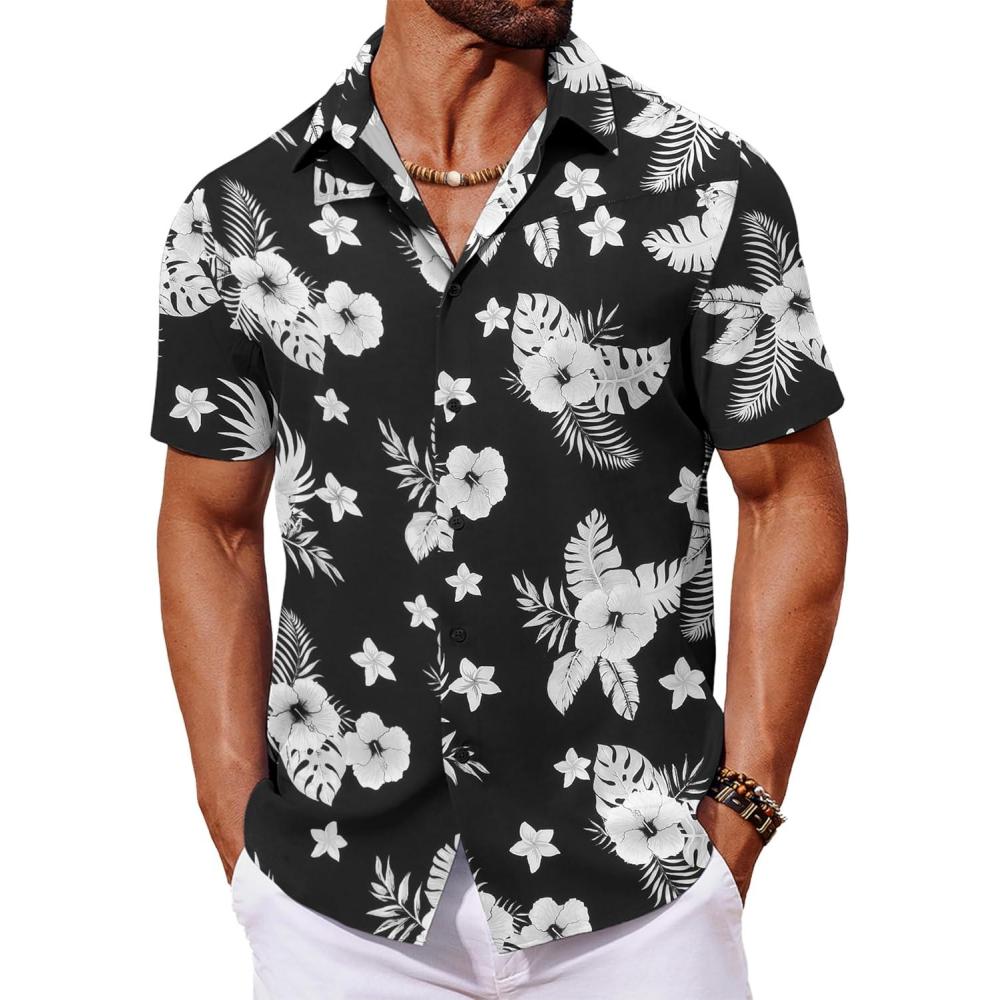 imageCOOFANDY Mens Hawaiian Shirt Short Sleeve Button Down Shirts Tropical Floral Summer Beach ShirtsBlack White  Floral